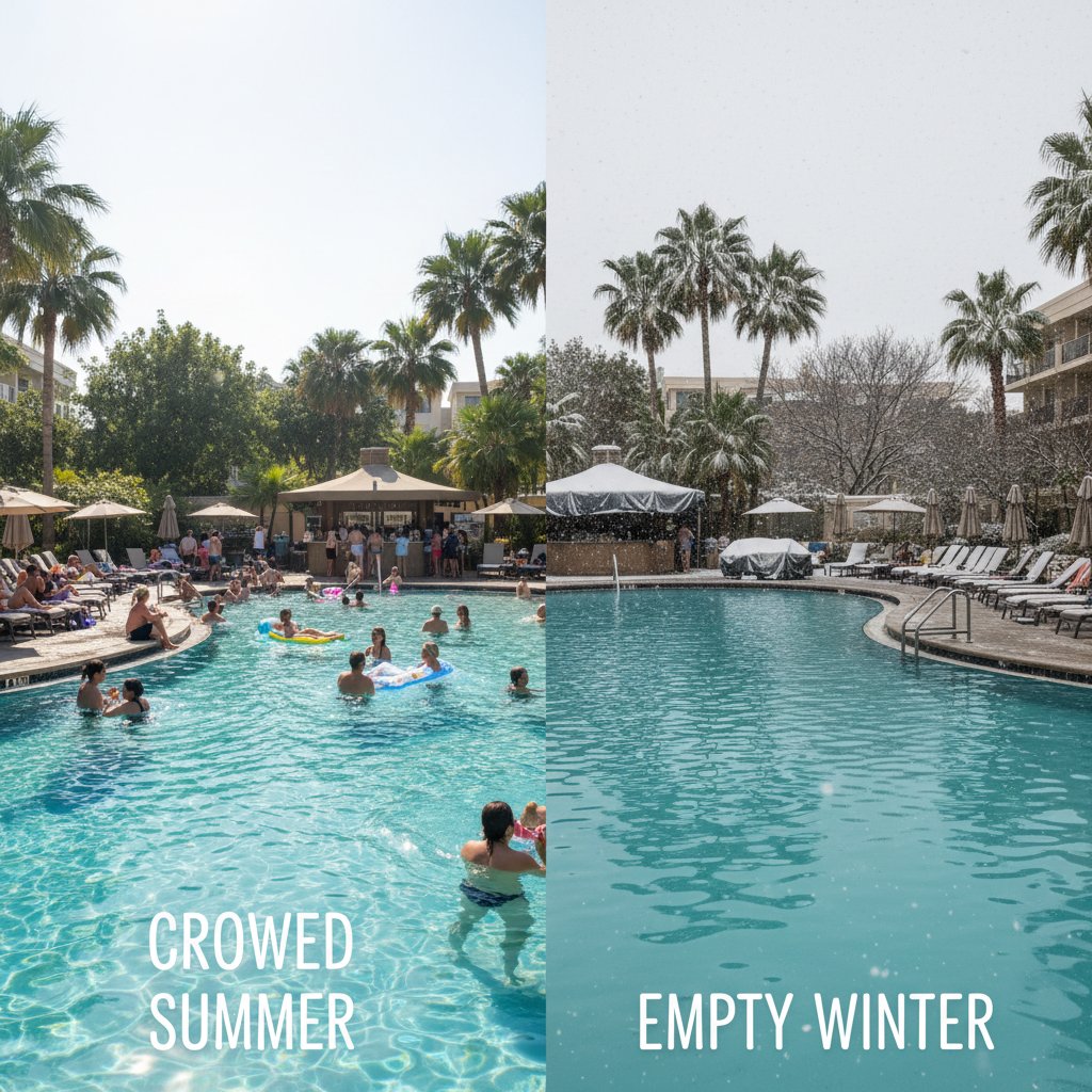 Strefa spa w hotelu latem pełna gości, zimą pusta i spokojna