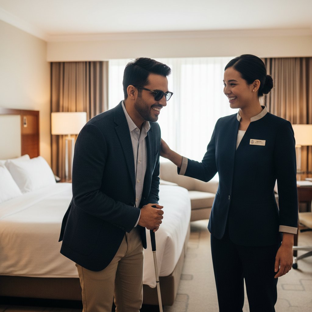 Personel hotelu pomaga osobie niewidomej zorientować się w pokoju