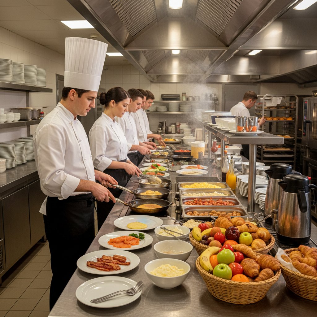 Personel hotelu szykujący śniadanie na zapleczu w Sianożętach, hotel sianożęty, kuchnia, śniadanie, praca zespołowa