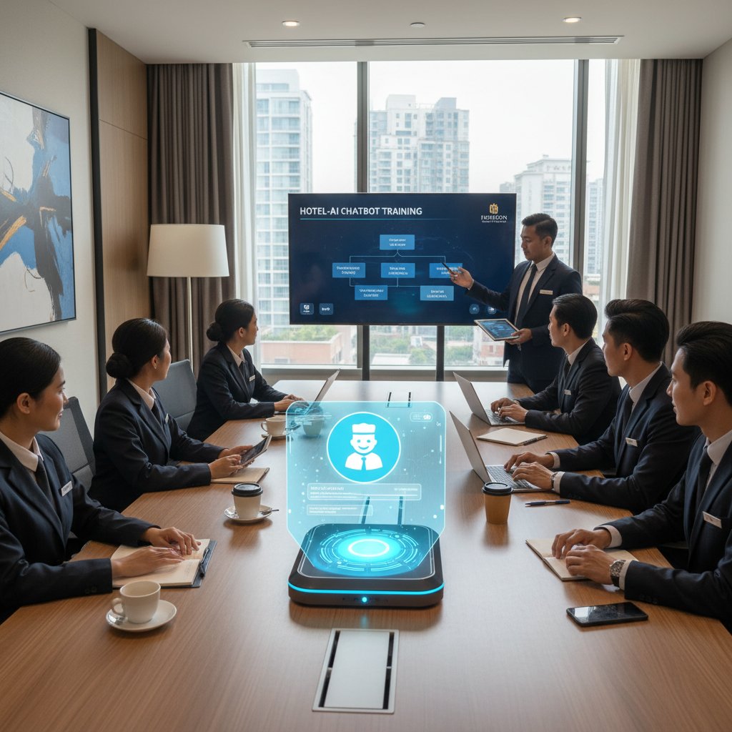 Zespół hotelowy podczas szkolenia z obsługi systemu chatbotowego