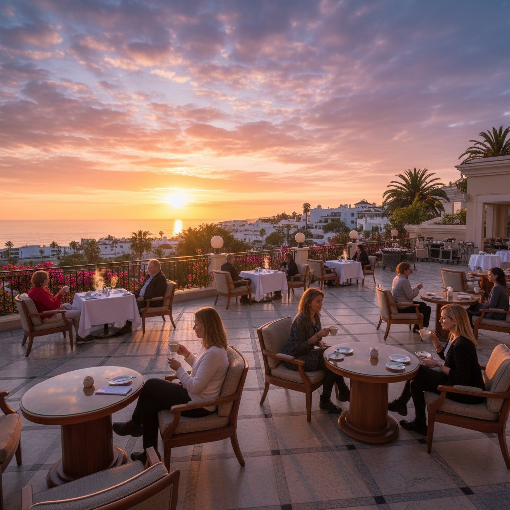 Goście hotelowi pijący kawę o świcie na tarasie z pięknym widokiem