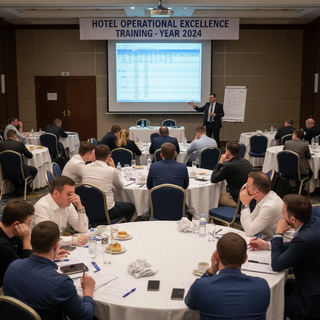 Stresująca sytuacja podczas szkolenia hotelowego, uczestnicy zaniepokojeni