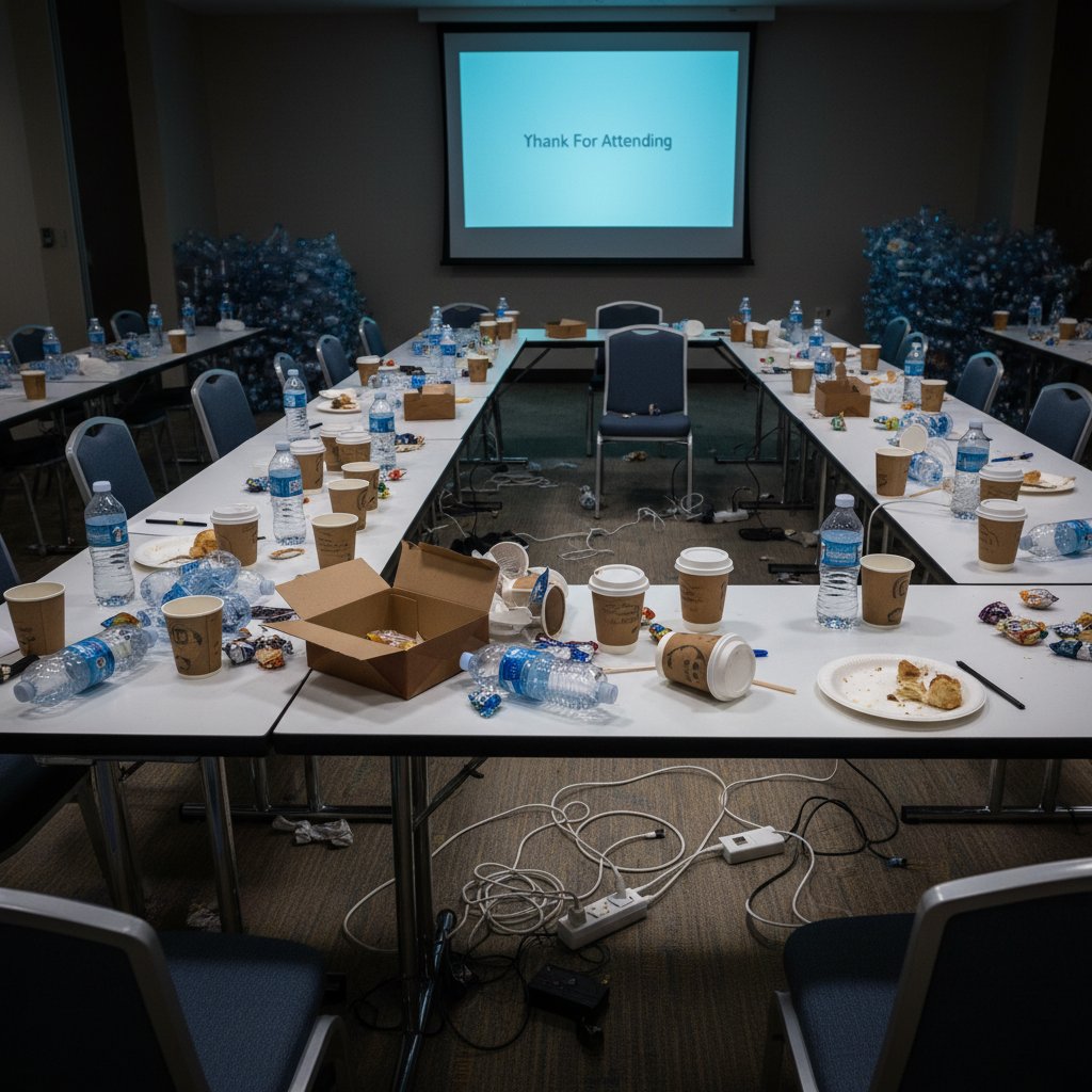 Hotelowa sala szkoleniowa, plastikowe butelki i jednorazowe kubki po szkoleniu
