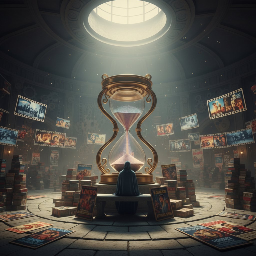 An hourglass symbolizing the passage of time and creative waiting, representing movie purgatory movies and the value of boredom