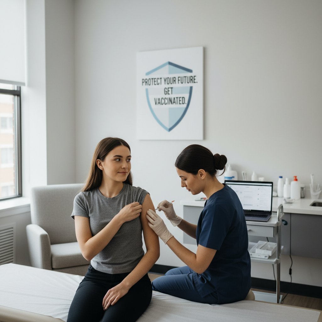 Zdjęcie szczepionki na HPV na tle przychodni zdrowia