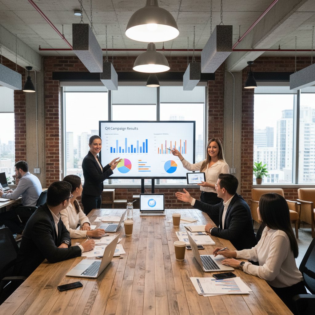 Zespół HR i marketingu omawia wyniki kampanii, wspólne analizy, otwarta atmosfera