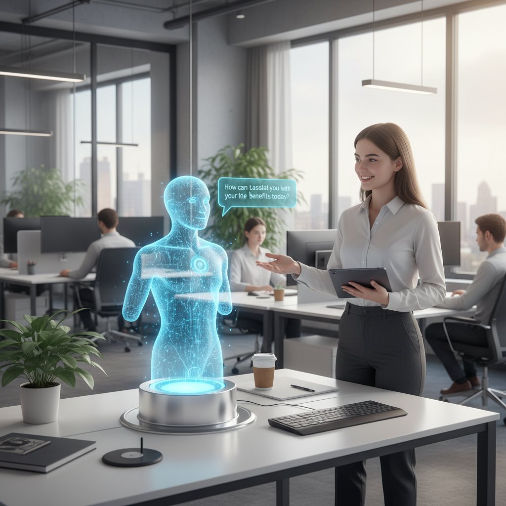 Chatbot HR rozmawiający z pracownikiem przy komputerze w nowoczesnym biurze