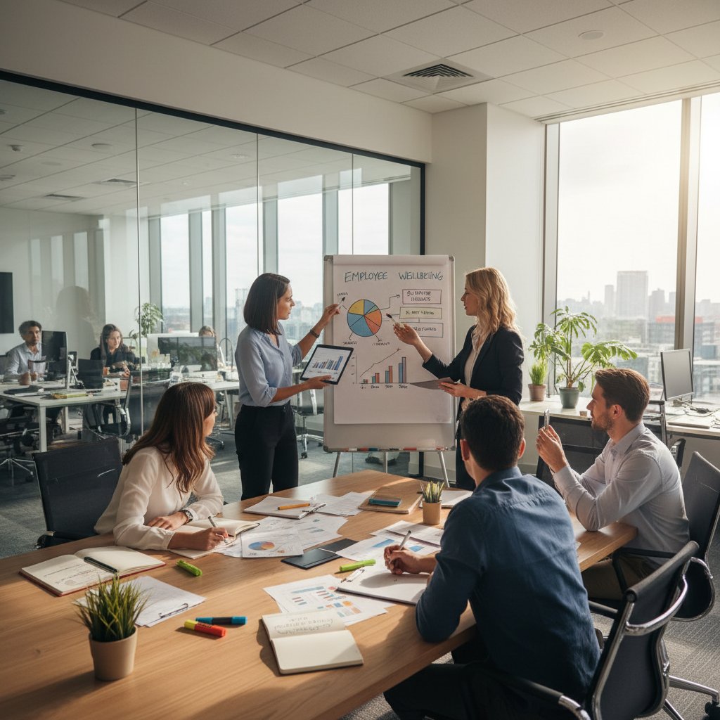 Pracownicy HR wymieniają się opiniami przy kawie, notatki i wykresy na stole, atmosfera pracy zespołowej