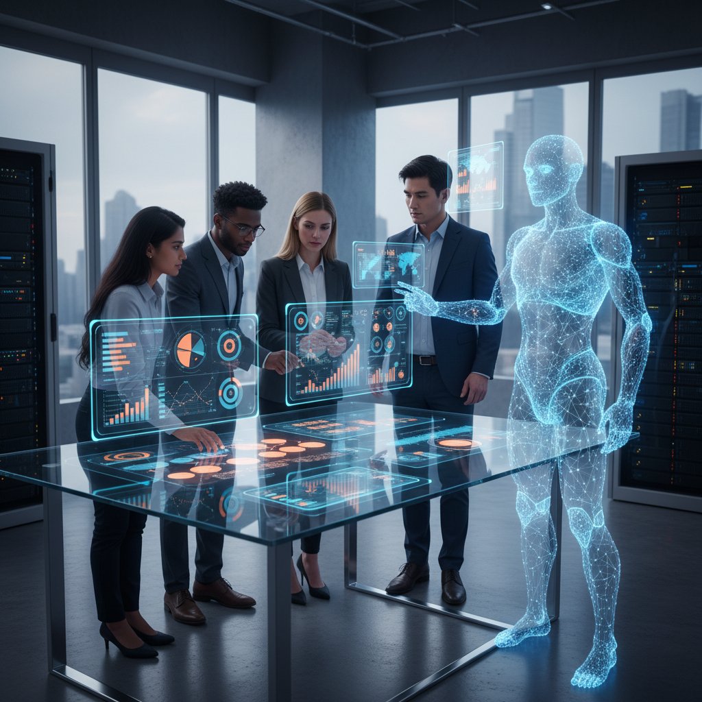 Pracownik HR i cyfrowy asystent współpracują przy biurku, wspólna analiza danych