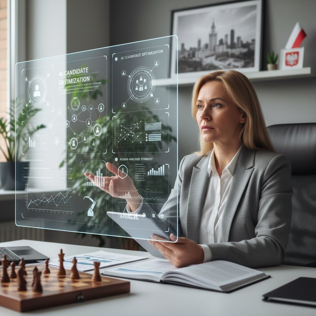 Polski menedżer HR analizujący rekomendacje AI, zachowanie równowagi między maszyną a człowiekiem