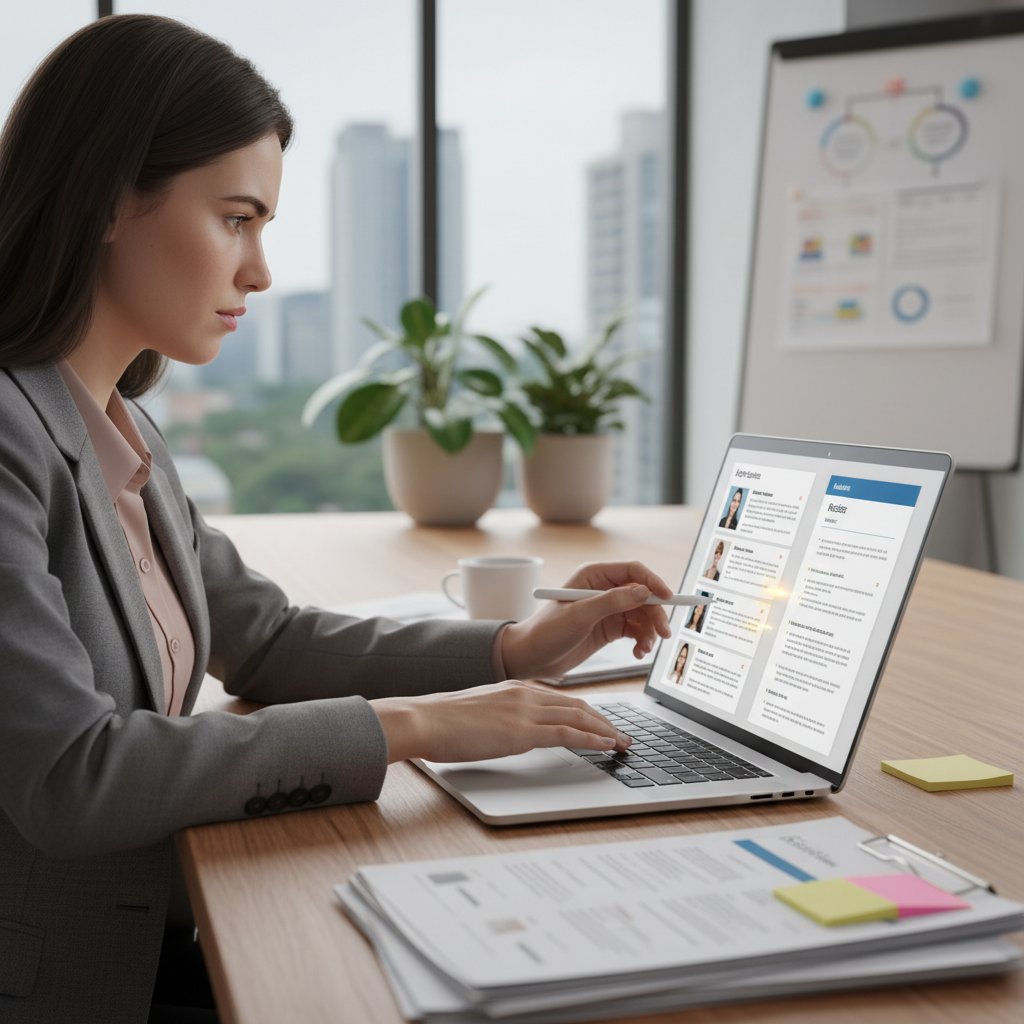 Menadżer HR porównuje aplikacje do selekcji pracowników na ekranie laptopa