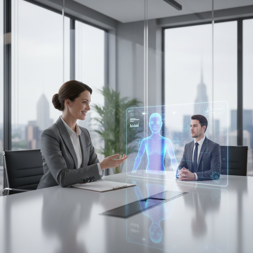 HR manager korzystający z wirtualnego asystenta AI podczas rozmowy rekrutacyjnej, nowoczesne biuro
