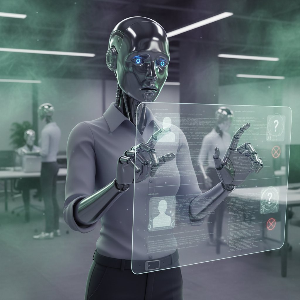 Pracownik HR analizujący wyniki selekcji kandydatów generowane przez AI, atmosfera niepewności