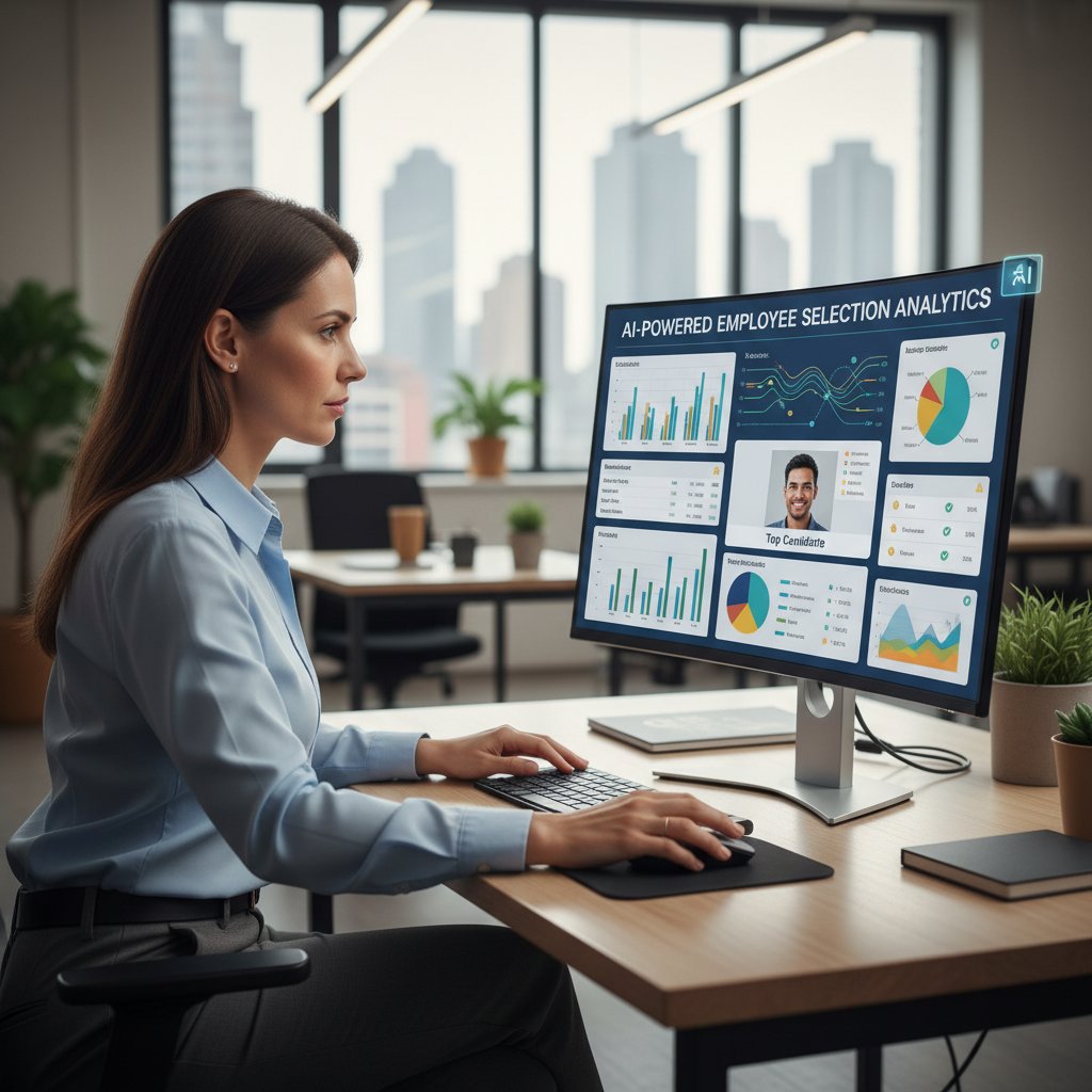 Specjalistka HR przed monitorem analizuje wyniki AI selekcji pracowników