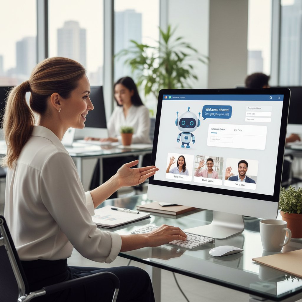 Specjalistka HR korzysta z chatbota przy wdrażaniu nowych pracowników, chatbot dla firm