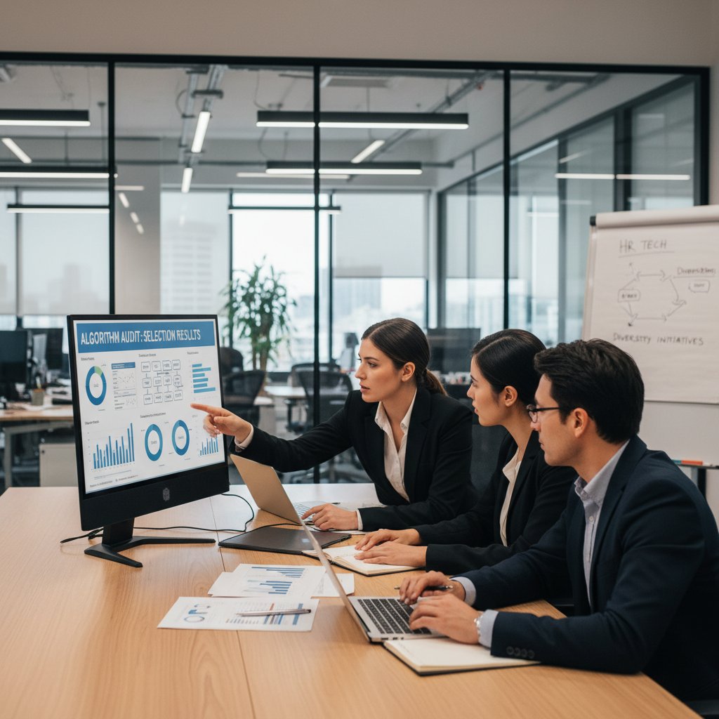 Zespół HR prowadzący audyt algorytmów na dużym ekranie, analizujący wyniki selekcji