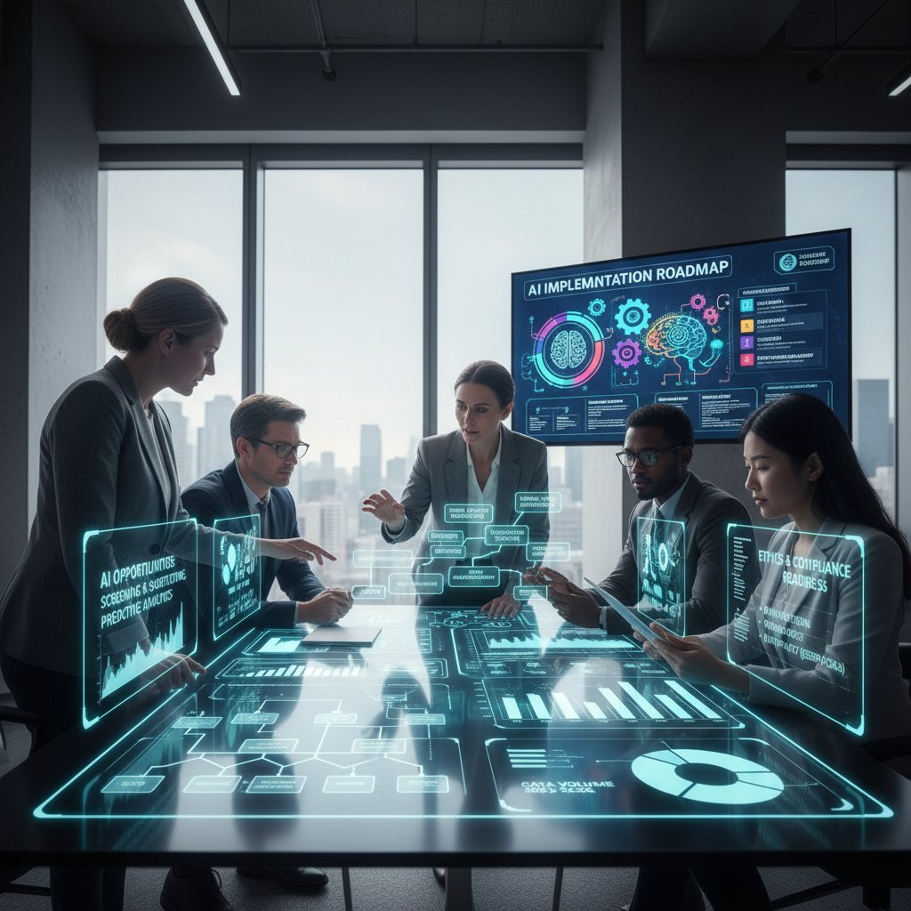 Zespół HR analizujący gotowość na wdrożenie automatyzacji, słowa kluczowe: selekcja kandydatów, wdrożenie AI