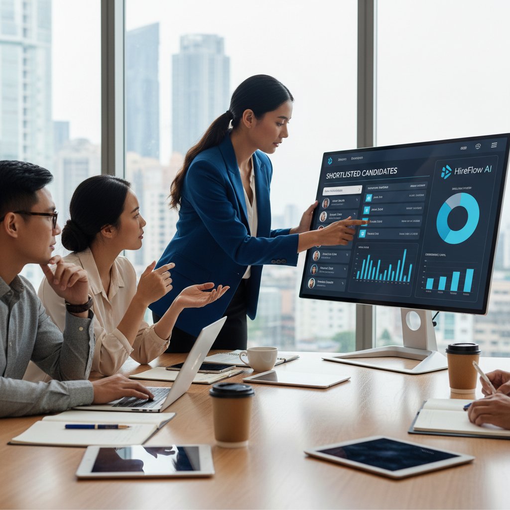 Nowoczesny HR wykorzystujący różne programy do selekcji kandydatów podczas spotkania zespołu
