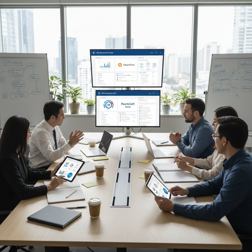 Zespół HR porównujący różne narzędzia automatyzacji na ekranach komputerów