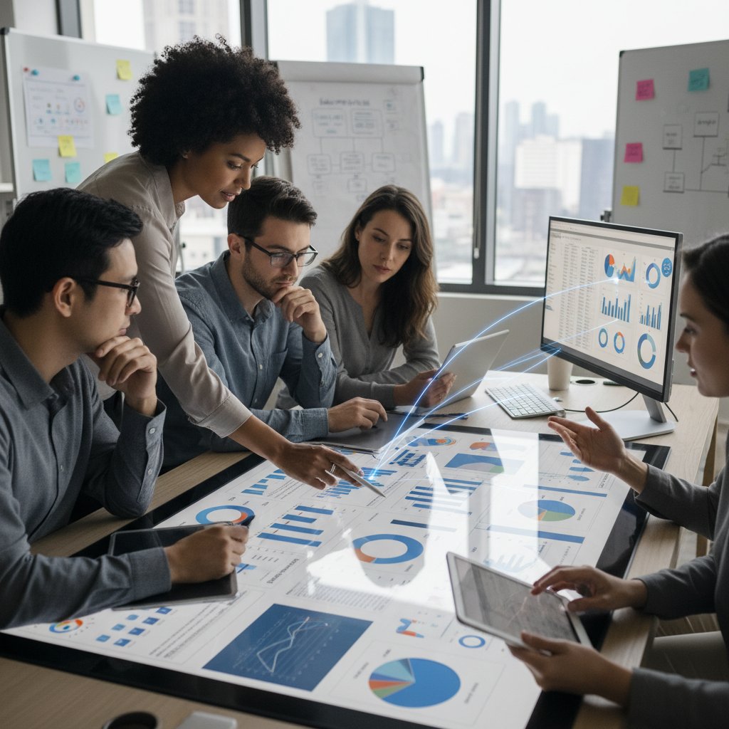 Zespół HR analizuje narzędzia cyfrowe na ekranie, uważnie przyglądając się danym i wskaźnikom