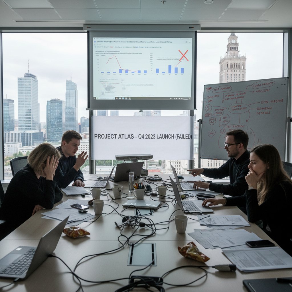 Spotkanie zespołu HR analizującego nieudane wdrożenie systemu rekrutacyjnego, atmosfera skupienia