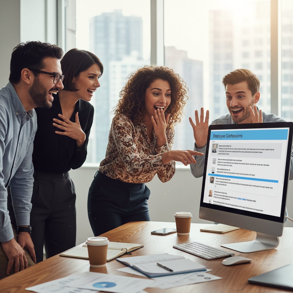 Zespół HR z niedowierzaniem czyta posty na forum internetowym, śmiech i zdziwienie