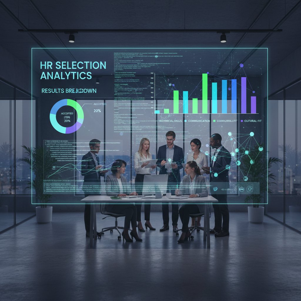 Zespół HR omawiający wyniki selekcji na tle ekranu z wykresem i kodem, twarze skupione, atmosfera analizy