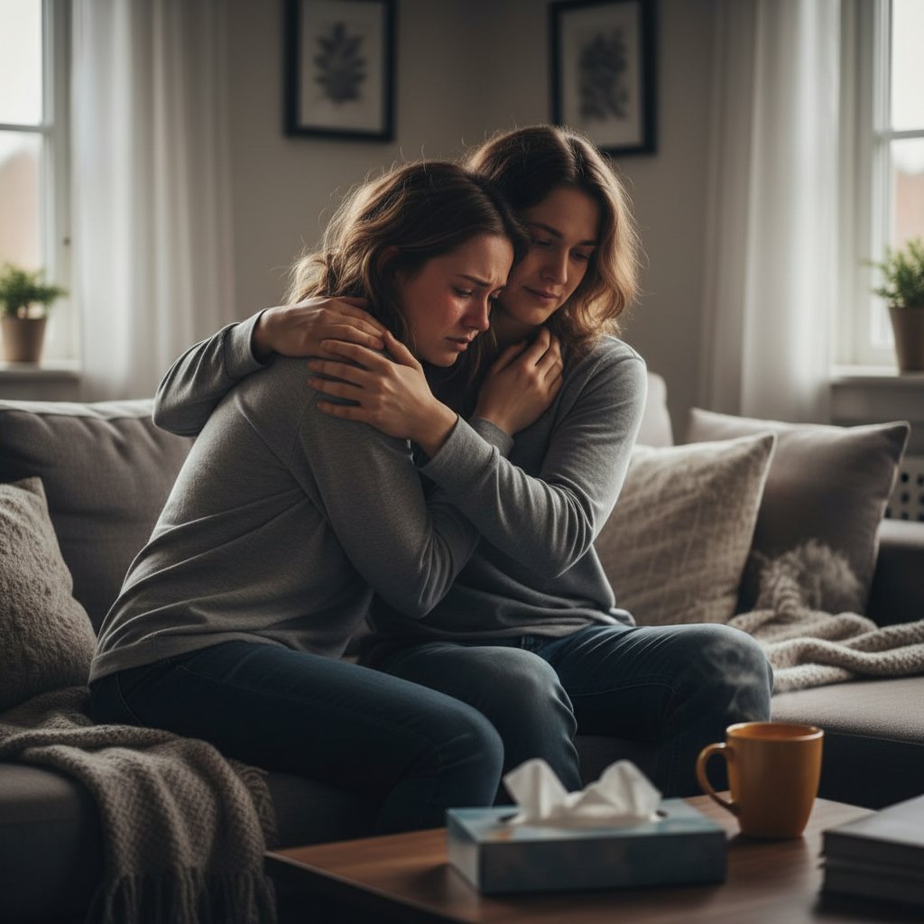 Bliska relacja: dwie osoby obejmujące się, wsparcie i empatia w trudnym momencie