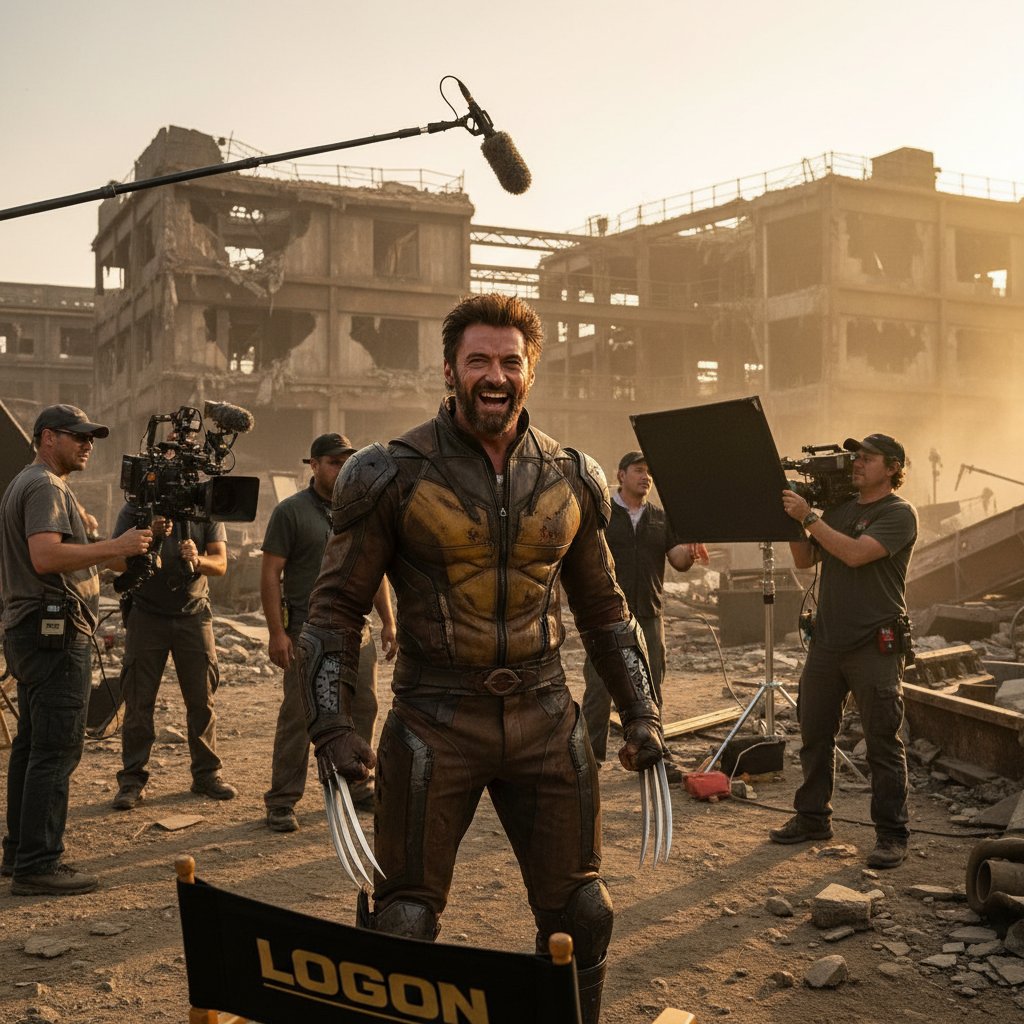Hugh Jackman behind the scenes on set as Wolverine, candid and intense atmosphere