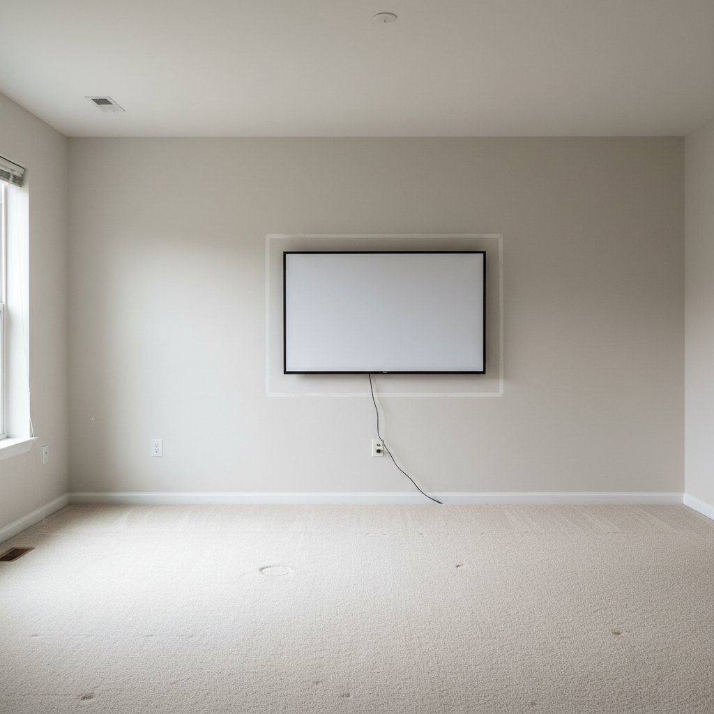 An empty living room with a blank TV screen, symbolizing films removed from streaming