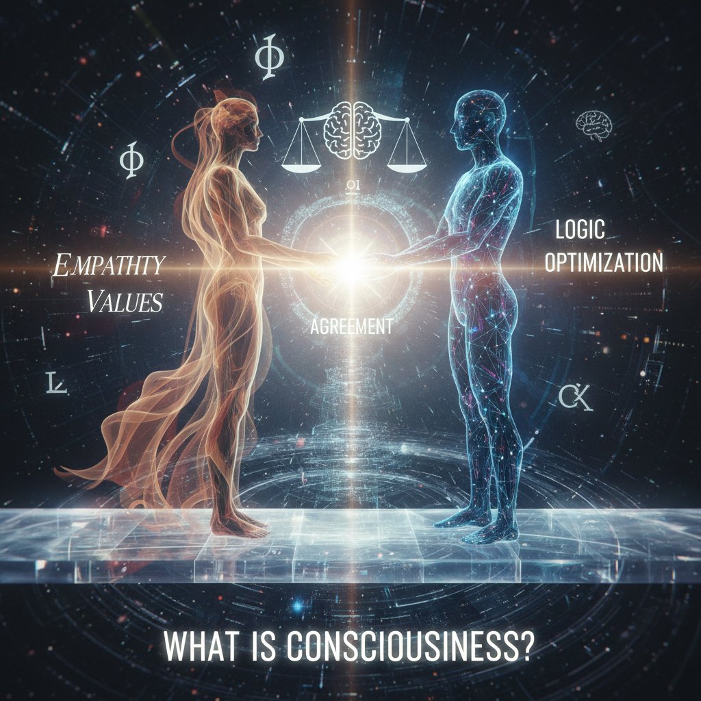 Symboliczne zdjęcie człowieka i AI w geście porozumienia, filozoficzne podsumowanie relacji człowiek-maszyna