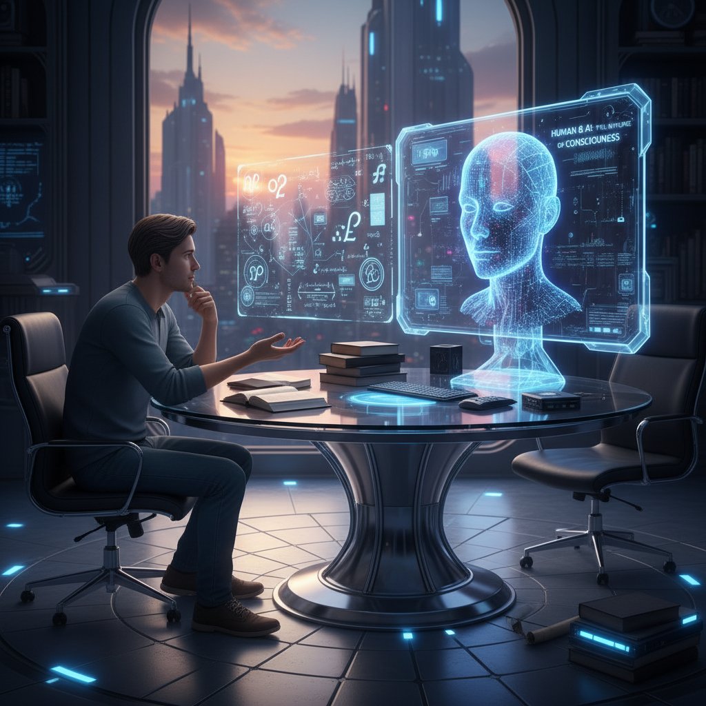 Osoba prowadząca rozmowę z AI, ekran komputera z tekstem filozoficznym, atmosfera skupienia