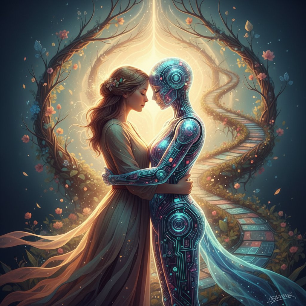 Symbolische Umarmung von Mensch und KI, Lichtatmosphäre, Hoffnung, persönliche Entwicklung