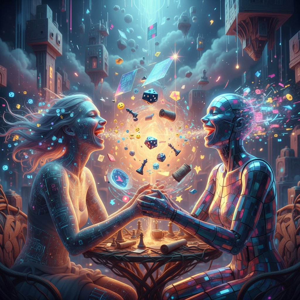 Człowiek i AI śmieją się wspólnie podczas czatu