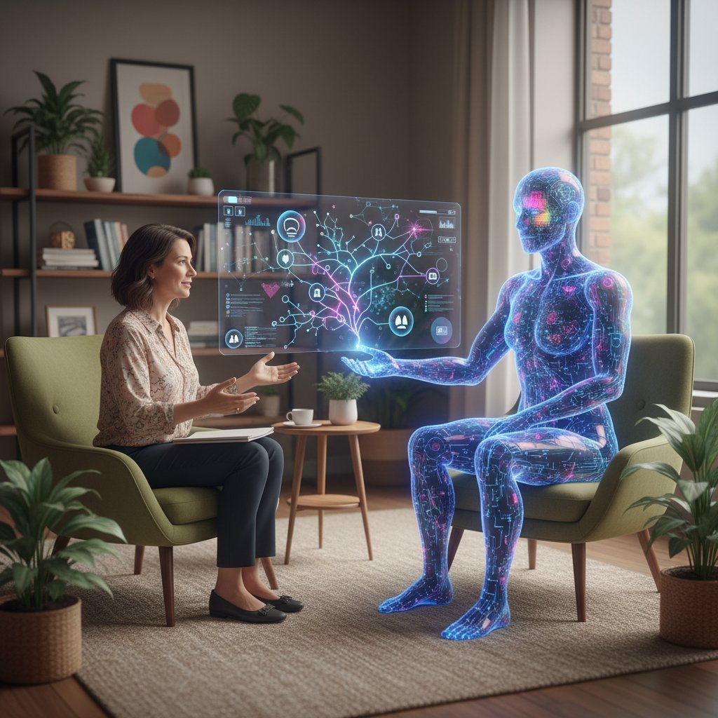 Osoba korzystająca z AI jako wsparcia w terapii – obrazek ilustrujący interakcję emocjonalną