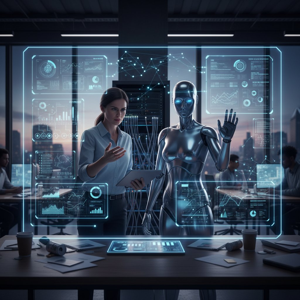 Nowoczesne biuro, w którym człowiek i humanoidalny asystent AI analizują wspólnie dane na dużym ekranie, atmosfera napięcia i współpracy