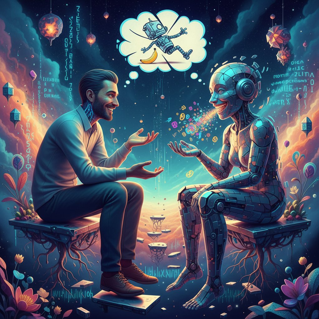 Człowiek i AI rozmawiający żartobliwie, surrealistyczny klimat, neonowe kolory