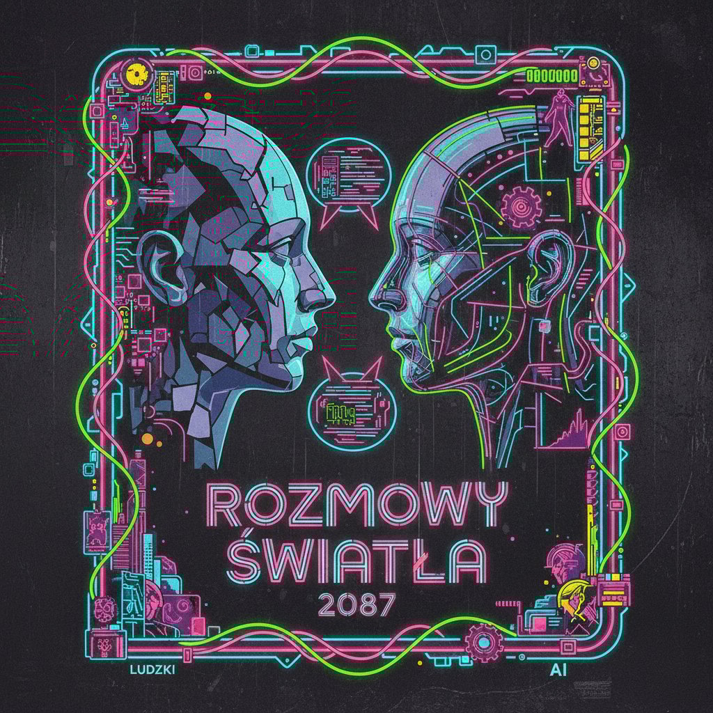 Dwie osoby rozmawiające ze stylizowanym awatarem AI w klimatycznym polskim wnętrzu, plakaty filmowe, neonowy klimat