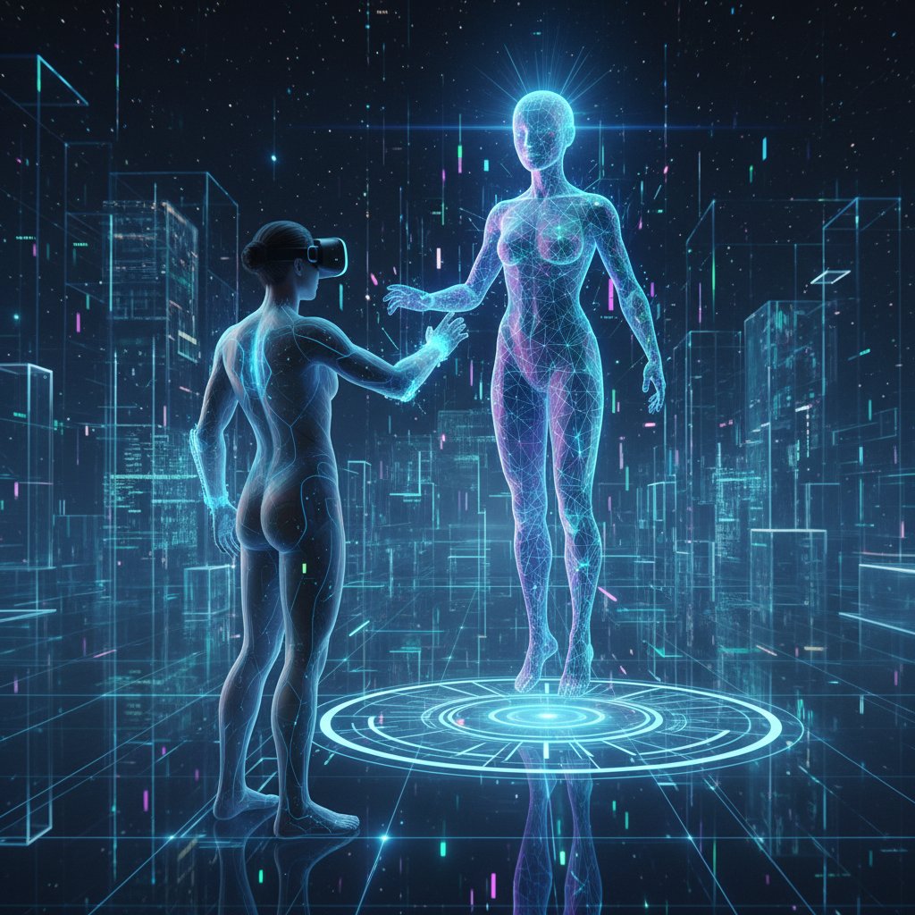 Człowiek i awatar AI rozmawiają w wirtualnej przestrzeni, symbolizując nową erę rozmów online