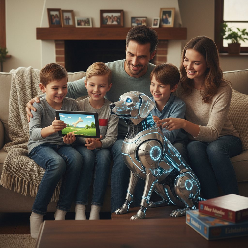 Człowiek bawiący się z cyfrowym pieskiem AI na ekranie tabletu w rodzinnej atmosferze