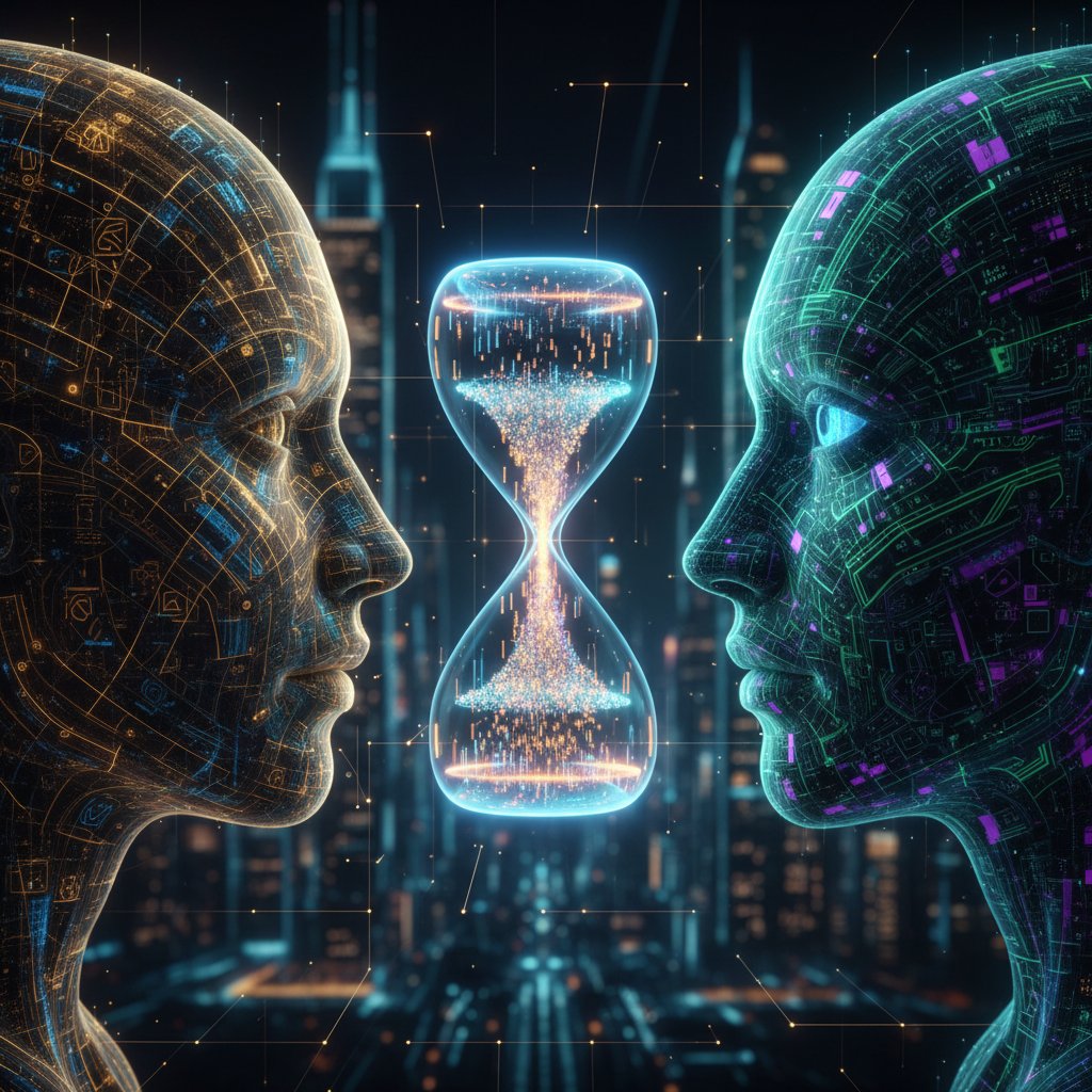 Człowiek i sztuczna inteligencja naprzeciw siebie przy cyfrowej klepsydrze, rozmowa o przyszłości, filozofia AI