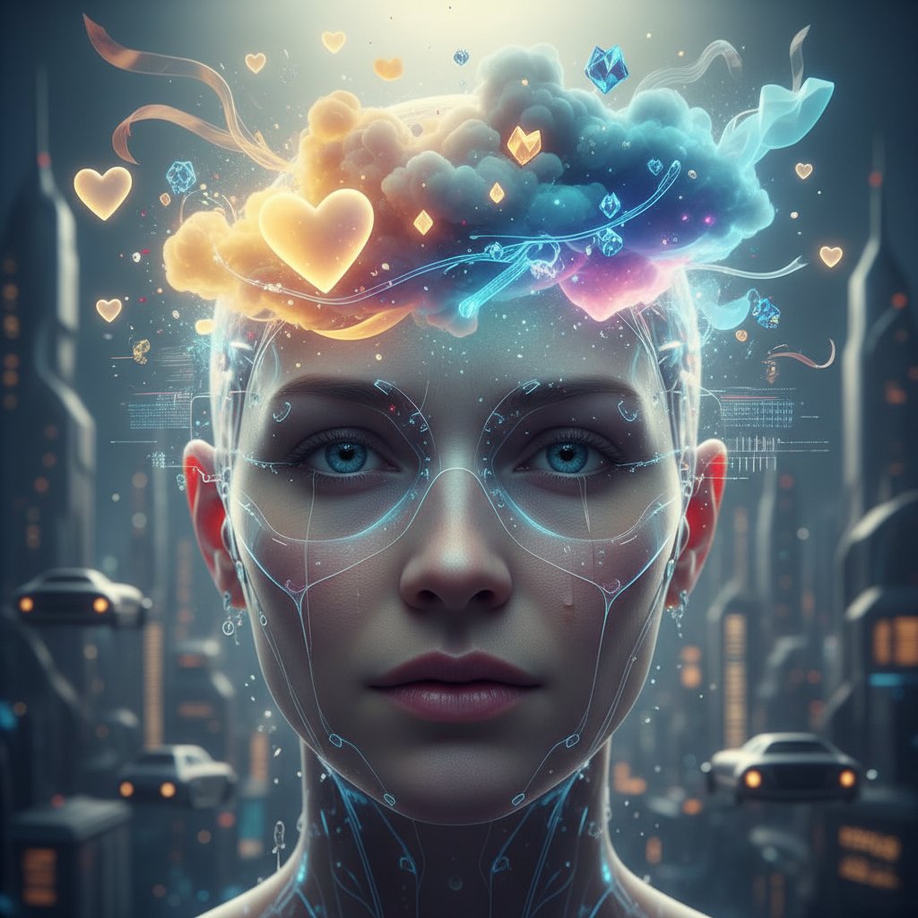 Sztuczna inteligencja i rezonans limbiczny w nowoczesnej terapii – futurystyczny interfejs AI i człowiek wymieniający emocjonalne sygnały