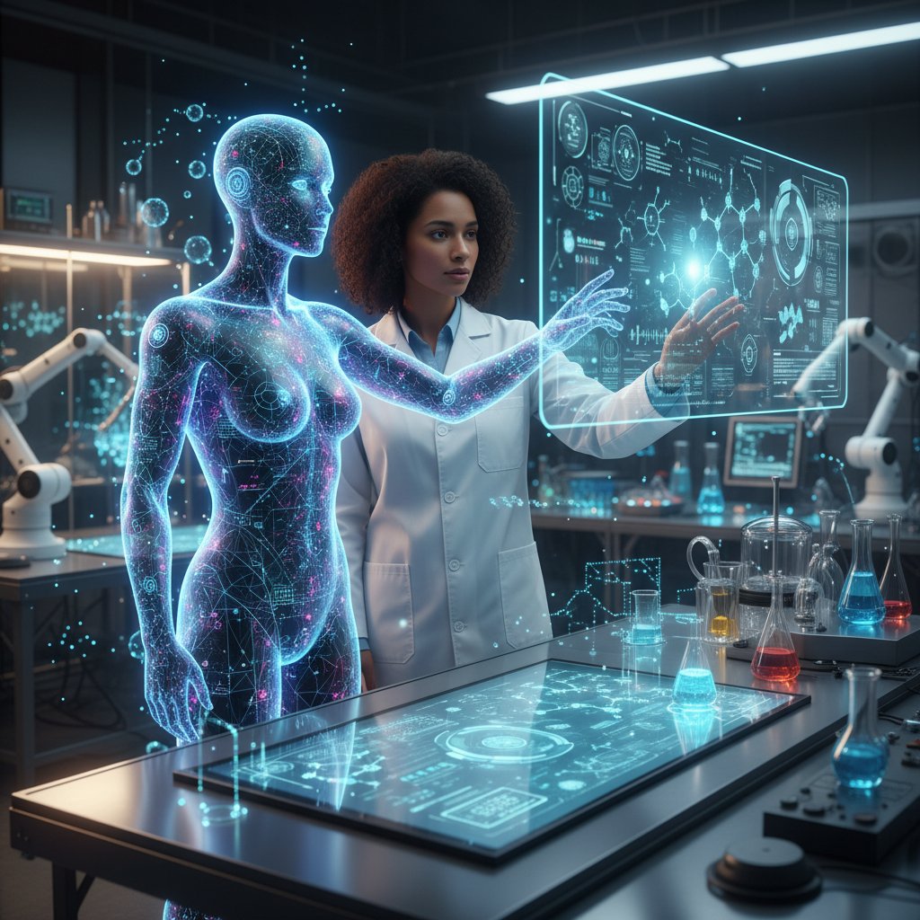 Human and AI virtual assistant collaborating in a research lab