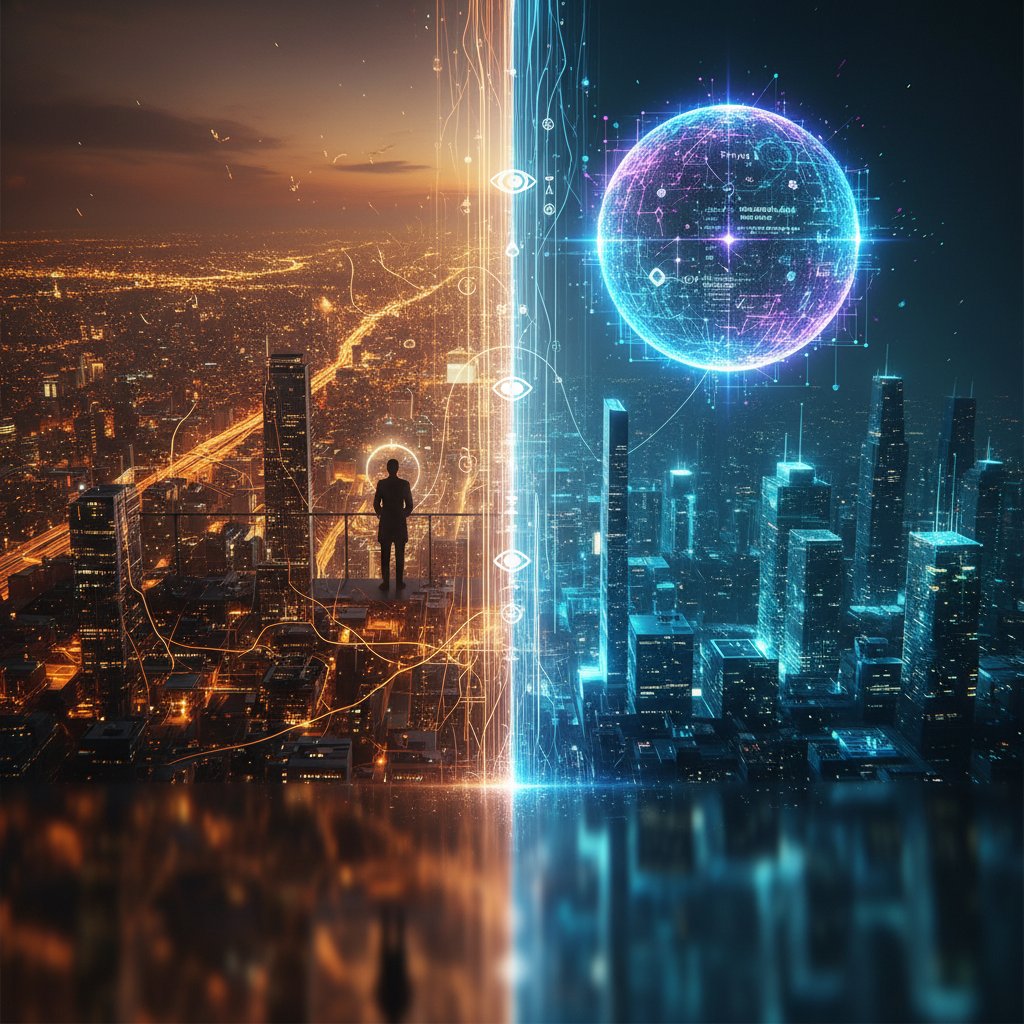 Człowiek patrzący na rozświetlone granice miasta, światło symbolizuje przyszłość AI