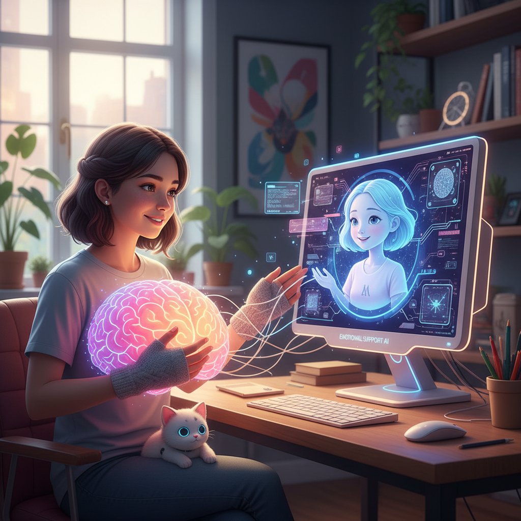 Porträt eines Menschen vor einem Computerbildschirm, KI-Symbolik, Nähe und Distanz