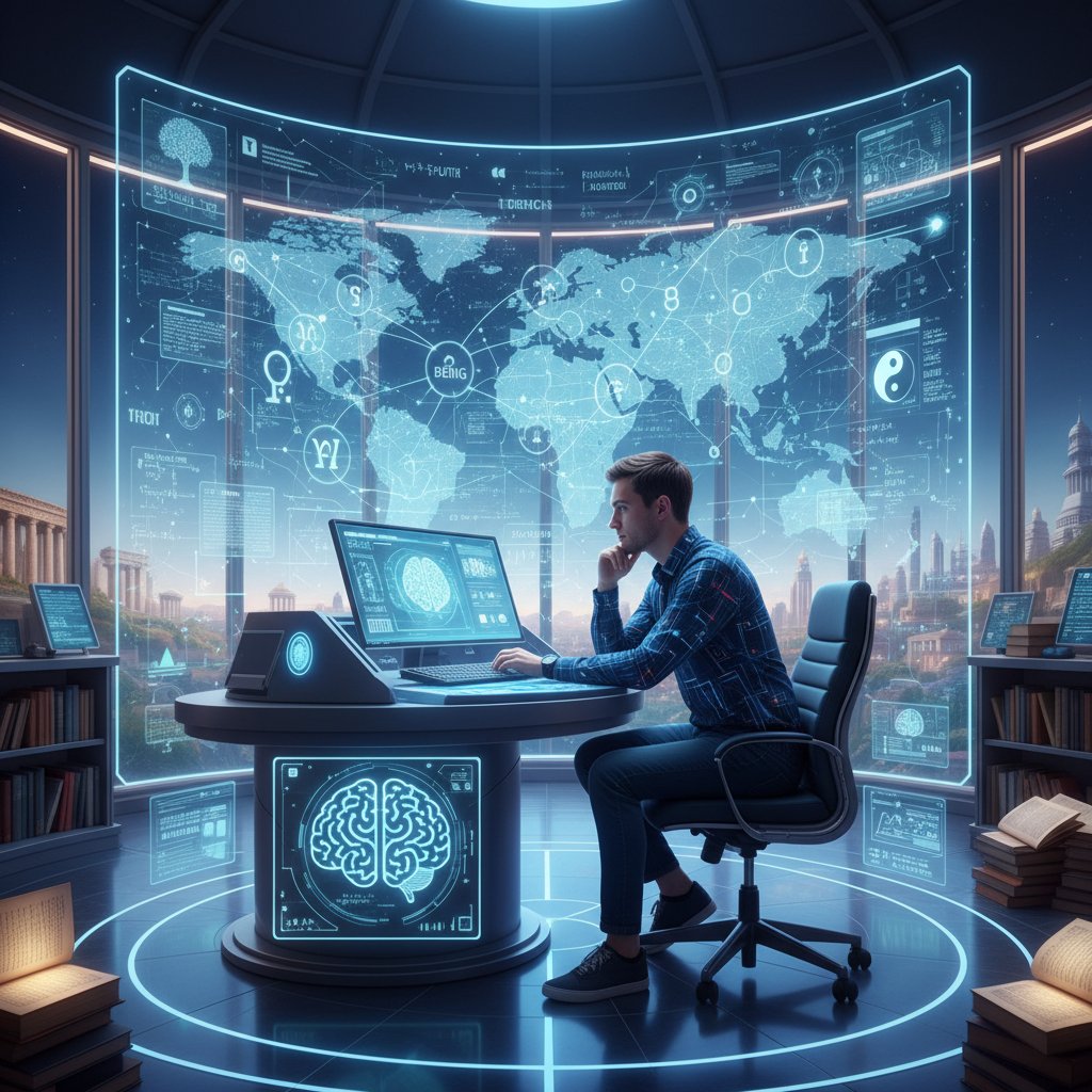 Człowiek przy komputerze, otoczony symbolami informacji, zanurzony w refleksji o sztucznej inteligencji