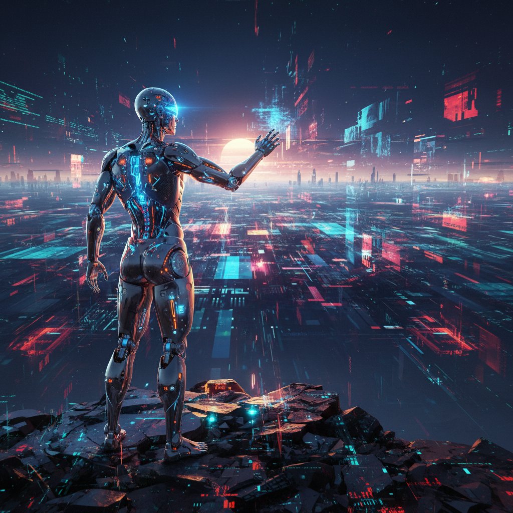 Człowiek z cybernetycznym usprawnieniem patrzący w cyfrową dal, filozofia transhumanizmu