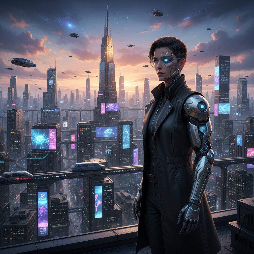 Człowiek z cybernetycznym implantem w miejskiej przestrzeni – symbol transhumanizmu i dylematów etycznych