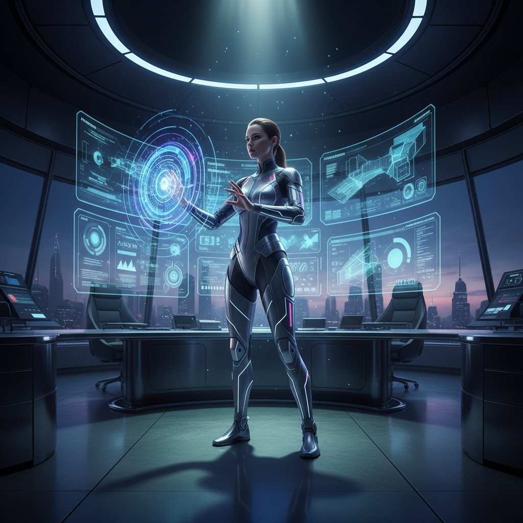 Człowiek rozmawia z holograficznym ekspertem AI w futurystycznym biurze