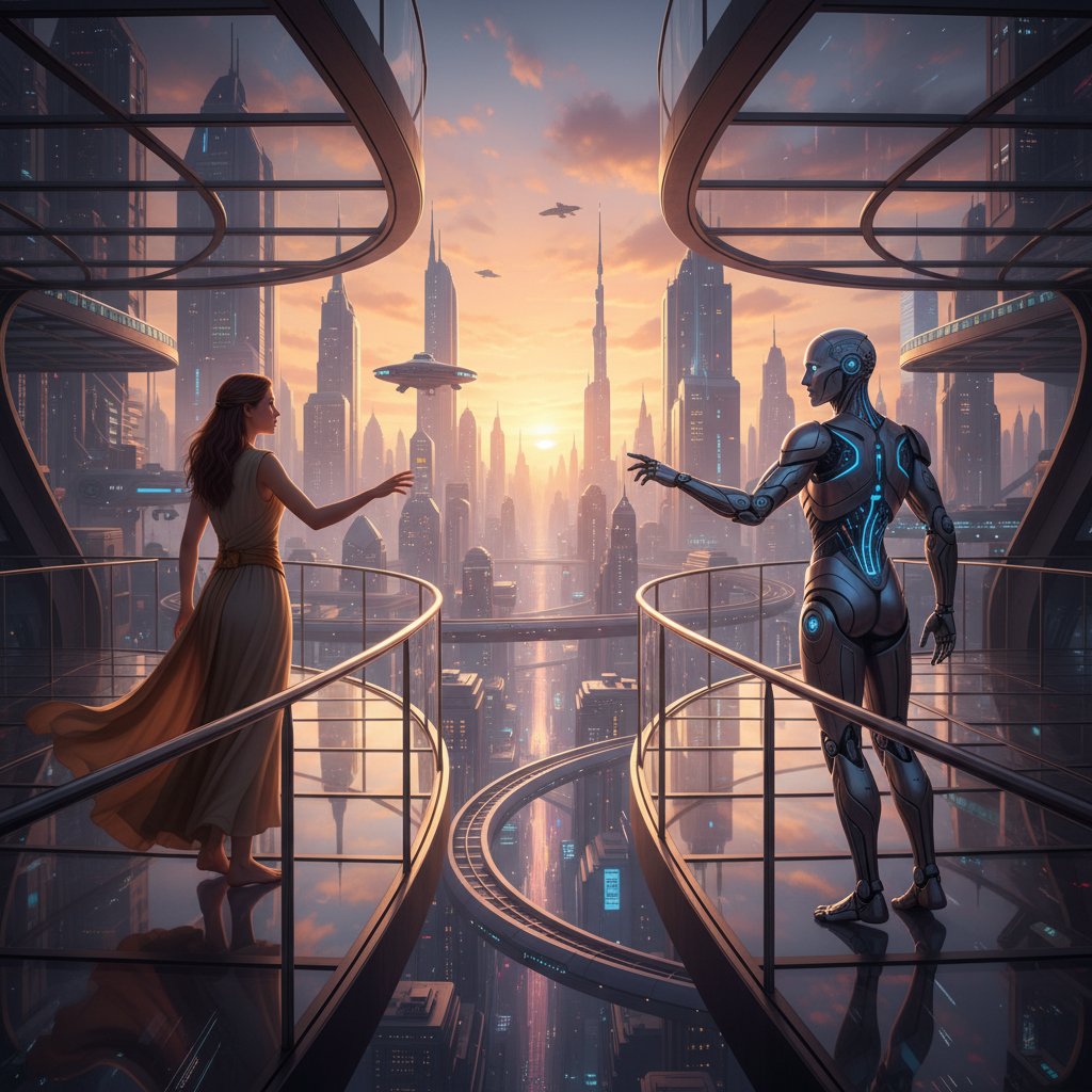 Porównanie człowieka i humanoidalnej AI na tle miasta, symboliczna scena relacji i dystansu